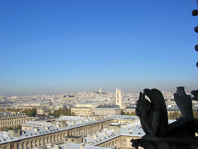 Pohled z věže katedrály na vrcholek Montmartr a baziliku Sacré-Coeur
